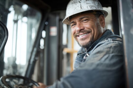 industrial worker wearing safety helmet and uniform, operating a forklift inside a warehouse or logistics facility. - Powered by Adobe
