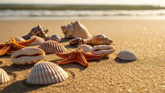 Golden Beach Treasures: Starfish and Seashells Sparkling in the Sun, Relaxing Coastal Scene
