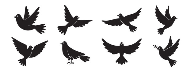 Dove of peace silhouette icon set. drawing flying pigeon clipart symbol collection