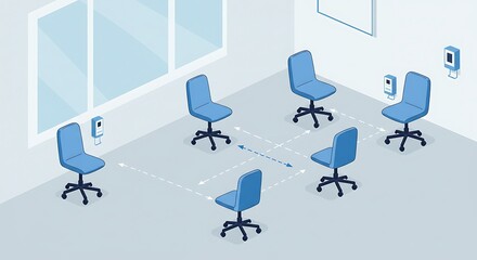 Office waiting room with socially distanced chairs for safety.