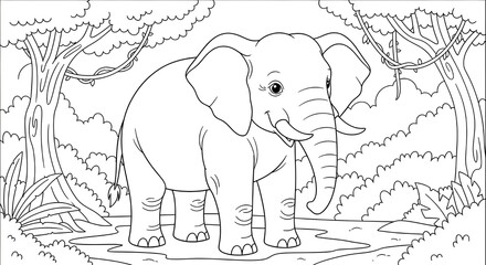 Naklejka premium Friendly elephant in lush jungle scene for coloring fun