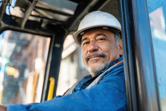 industrial worker wearing safety helmet and uniform, operating a forklift inside a warehouse or logistics facility. - Powered by Adobe
