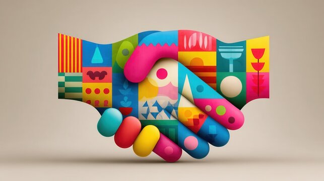 intercultural business communication design. Abstract colorful handshake composed of geometric shapes and patterns