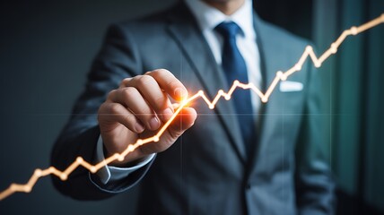 Business leader's hand engaging with a brilliant upward-trending graph, symbolizing market success, financial growth, and strategic future vision