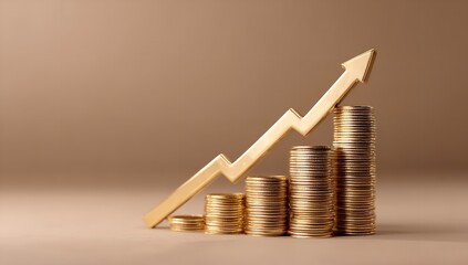 Golden arrow graph dramatically rising above stacks of coins symbolizing financial growth and investment success