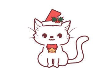 サンタ帽子を被るかわいい白猫のイラスト