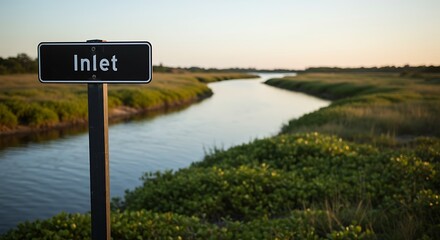 Inlet Sign by a Winding River Through a Marsh Landscape.