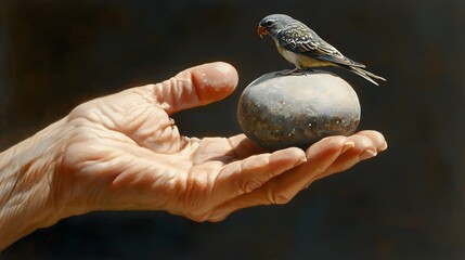 Obraz premium This image captures a moment of connection between nature and humanity, showcasing a bird resting on a stone in a person's palm