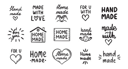 vintage old style hand made and made with love labels writings set. Hand drawn doodle outline drawing hand made line clipart symbol