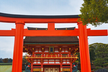 京都 伏見稲荷大社と美しい朱色の鳥居コピースペースあり（日本京都府京都市）Kyoto Fushimi Inari Taisha Shrine and beautiful vermilion torii gate　with copy space (Kyoto City, Kyoto Prefecture, Japan)	