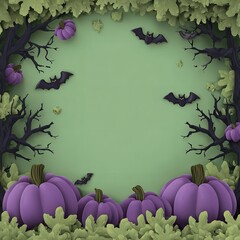 Whimsical purple pumpkins and spooky bats frame a festive Halloween scene with copy space