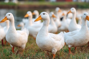 Obraz premium Group of white ducks with yellow beaks walking on grassy ground near a lake, with blurred forest background and soft lighting.