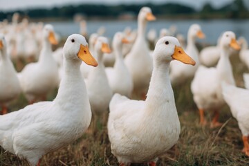 Obraz premium Group of white ducks with yellow beaks walking on grassy ground near a lake, with blurred forest background and soft lighting.