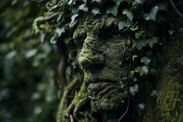Ancient forest spirit emerges from mossy bark, embodying nature's raw power and mystical presence in a verdant woodland setting