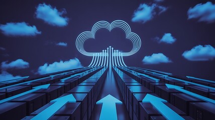 Abstract futuristic concept of high-speed data streams on a digital highway uploading information to a cloud network