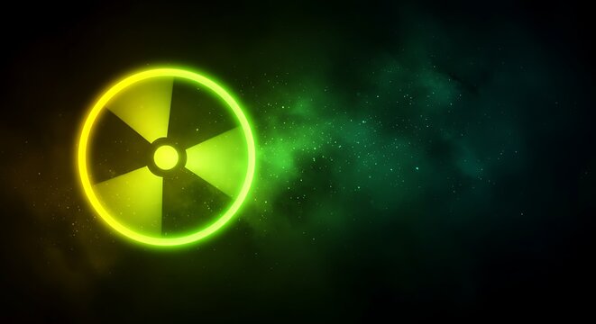 Radioactive Symbol Glowing Neon Green and Yellow on Dark Background with Smoke.