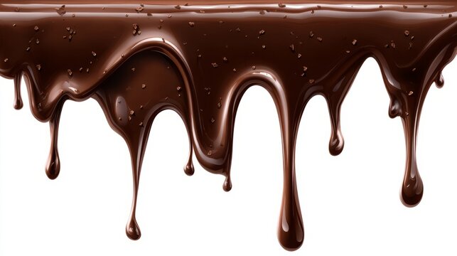 A chocolate drizzle is falling down a white background
