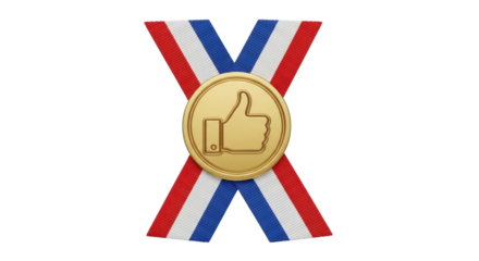 Golden Award Medal with Thumbs Up Icon and Tri-Color Ribbon for Approval and Achievement isolated PNG with Transparent Background