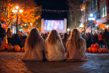 Friends experience magical outdoor movie night with festive pumpkins and autumn lights creating cozy fall vibes