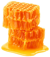 Realistic stacked honeycombs with golden honey dripping, isolated on transparent background.