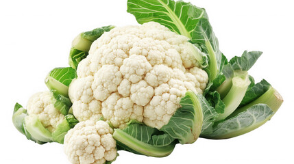 A close up shot of a fresh cauliflower with green leaves on a black isolated studio background view on transparent background