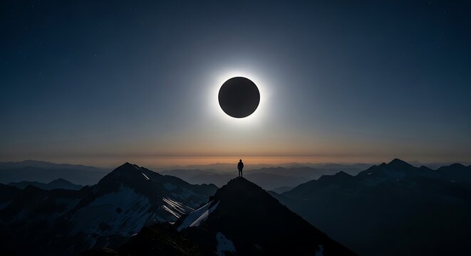 Silhouette of a person observing a total solar eclipse from a mountain peak. - Powered by Adobe