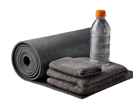 Workout essentials yoga mat towels and water bottle on surface isolated on transparent background
