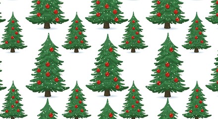 Seamless Pattern of Decorated Christmas Trees with Red Ornaments.