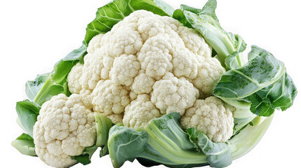 A close up of a fresh cauliflower with green leaves against a black background in sharp focus on transparent background