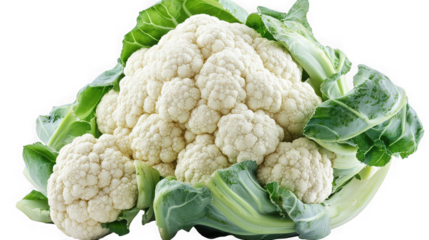 A close up of a fresh cauliflower with green leaves against a black background in sharp focus on transparent background