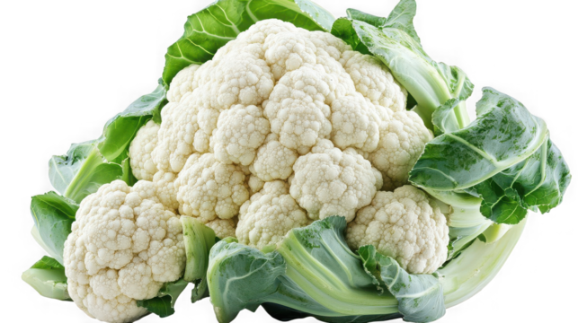 A close up of a fresh cauliflower with green leaves against a black background in sharp focus on transparent background