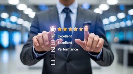 Customer satisfaction review concept, a person in a suit rating service quality with five stars and excellent checkboxes for evaluation