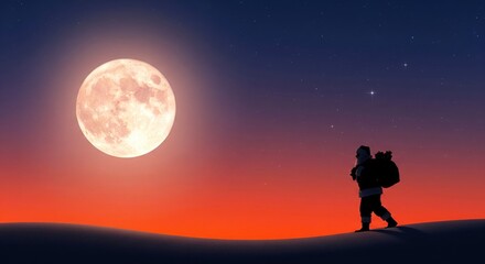 Fototapeta premium Santa Silhouette Under Moonlit Gradient Sky. Night Christmas Scene.
