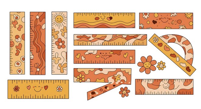 Set of groovy rulers and protractor with floral and wavy patterns.