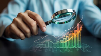A business analyst using a magnifying glass to scrutinize a digital stock market graph for insights and growth