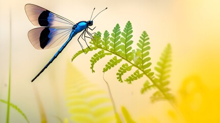 A male banded demoiselle, Calopteryx splendens, with iridescent blue body and distinctive black bands on its wings, rests on a delicate fern frond, its slender body and large wings a striking contrast