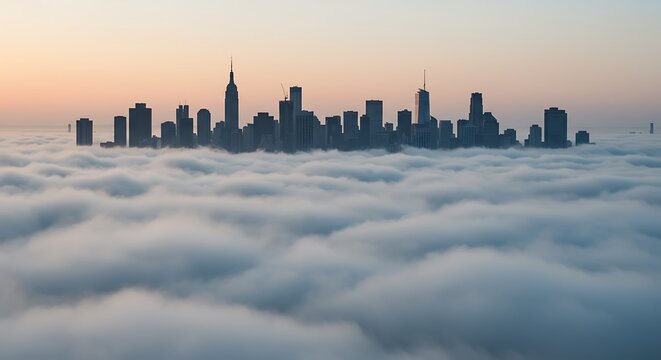 New York City Skyline Emerges from Thick Fog at Sunrise.