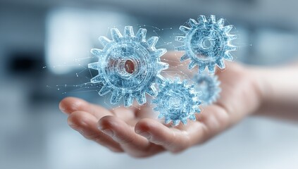 Innovative 3D gears held in hand symbolizing technological advancement and complex problem solving in a modern concept