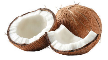 A close up of a whole coconut with a halved coconut and a piece of coconut  on transparent background