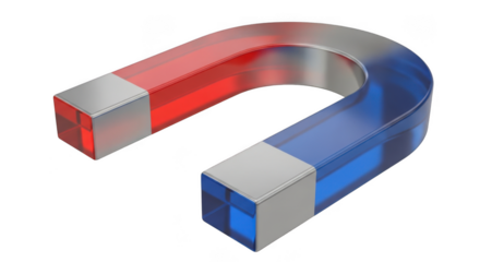 Horseshoe magnet with red and blue poles demonstrating magnetic force and attraction science concepts isolated on transparent background