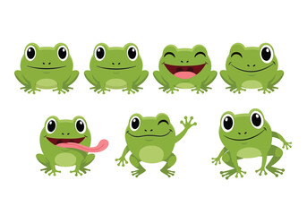 Obraz premium Vector illustration of set of seven cute cartoon frogs with different expressions