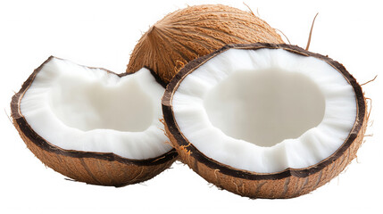 Close up of a whole coconut and a halved coconut showing the white flesh  on transparent background