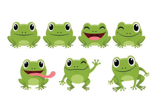 Vector illustration of set of seven cute cartoon frogs with different expressions
