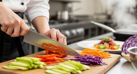 Skilled chef meticulously chops vibrant fresh vegetables preparing a delicious healthy meal in a professional kitchen setting
