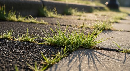 Vibrant green grass pushing through cracks in pavement bathed in golden morning sunlight with dew drops sparkling