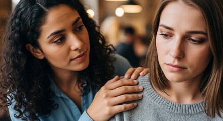 Empathetic friend offers comfort and support with a gentle touch on the shoulder, conveying understanding and care in a moment of shared emotion.