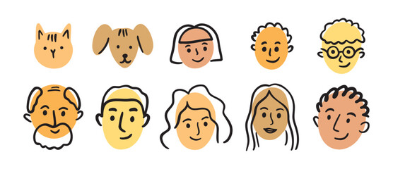 Family face portrait doodle avatar set. hand drawn woman, man, boy, girl, teenager face head portrait, grandmother grandfather. old and young people