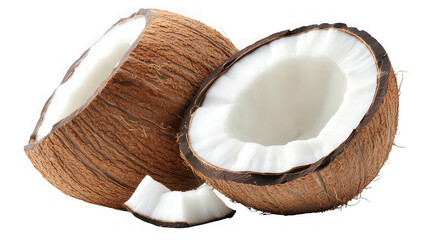 A close up of two halves of a coconut with a small piece  studio shot on transparent background