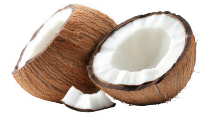 A close up of two halves of a coconut with a small piece  studio shot on transparent background