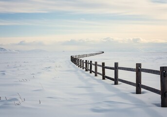 Long wooden fence stretching across a vast, snow-covered field under a cloudy sky.
